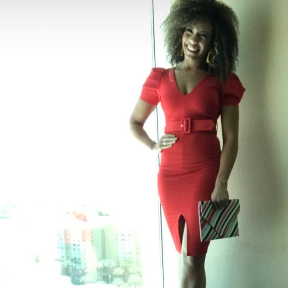 Red Cocktail dress with puff sleeve & belt